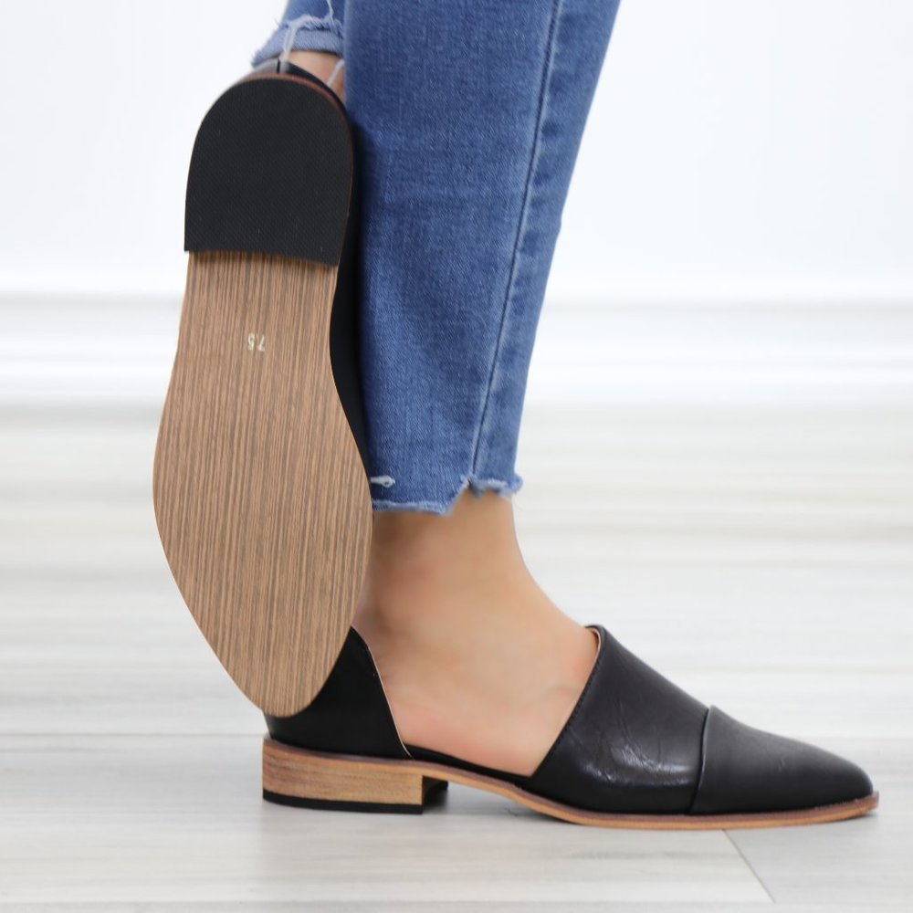 Black Opened Side Pointy Slip On Flat Loafer - Picture 5 of 13